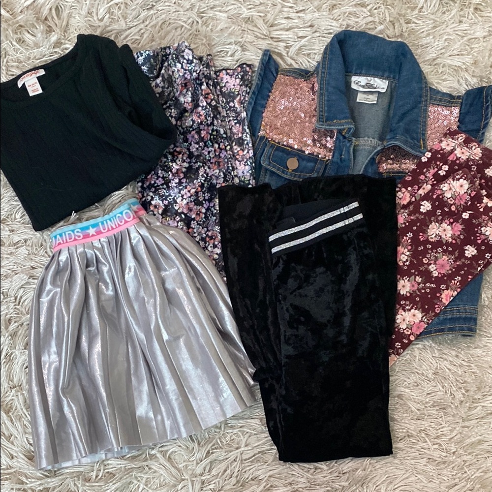 Girls' Fashion Bundle with Silver Skirt and Floral Leggings